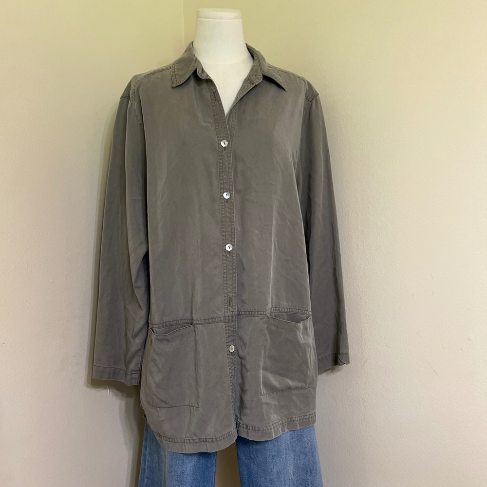 Valerie Stevens Casual Tencel Lyocell Button Down Shirt Olive Taupe M Longline
